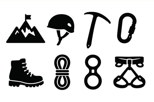 Mountain climbing gear silhouette icon set. Vector collection of mountaineering equipment for outdoor adventure & alpinism. Includes helmet, ice axe, carabiner, boot, rope, harness.