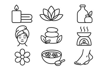 Spa essentials line icon set. Symbols for wellness, relaxation, meditation. Vector pack for massage, aromatherapy, beauty, skin care, zen, harmony, salon, cosmetics.