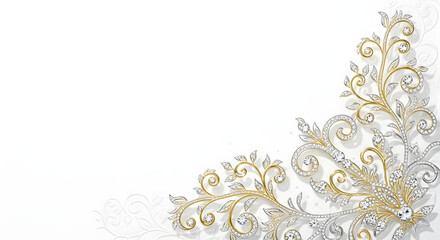 Ornate, gold and silver floral corner design on white background.