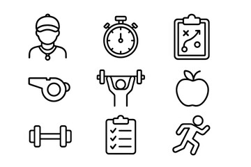 Sports coaching line icon set. Fitness, exercise, health, and strategy outline icons. Personal trainer, workout, gym, nutrition, healthy lifestyle, and athlete symbols collection.