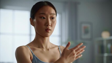 Focused Asian woman practices mindfulness and wellness exercises at home in a calm, serene environment. Health and lifestyle concept.