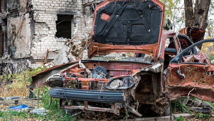 ruined street and destroyed houses the city Kiev war in Ukraine