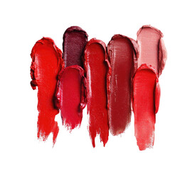 Lipstick swatches in various shades of red and pink on a black background