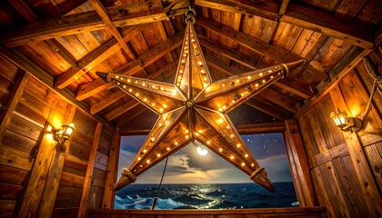 Obraz premium Illuminated star hangs in wooden structure, ocean view