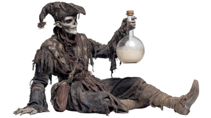 Weathered Pirate Skeleton in Tattered Costume Holding Glass Potion Bottle