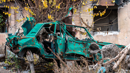 ruined street and destroyed houses the city Kiev war in Ukraine
