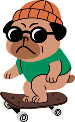 Obraz premium Cartoon pug dog wearing beanie and sunglasses riding skateboard
