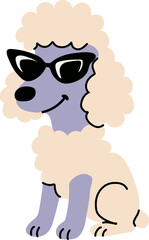 Cartoon poodle dog with purple fur wearing stylish sunglasses