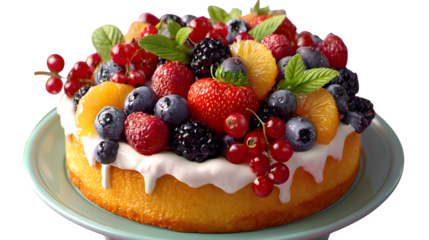 HD realistic cake topped with colorful fruits and berries