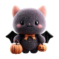 Fuzzy Bat TrickorTreating with Pumpkins with Halloween Kawaii Cute Cartoon.