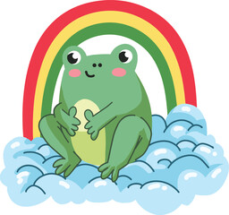 Cute Frog Sitting on a Cloud with a Rainbow