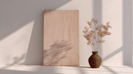Minimalist scene with wood panel, textured vase, dried flowers, soft light, and shadow play