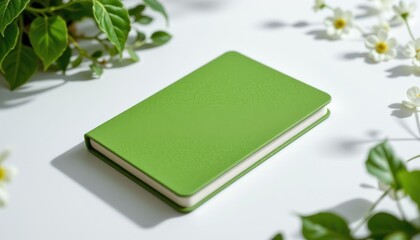 a futuristic algae based notebook cover, produced from spirulina fibers, highlighted by soft matte texture, compact and reusable, set against pure white void with crisp detail.