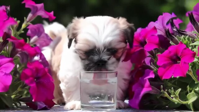 Cute Shih Tzu puppy sitting near a glass of water, surrounded by vibrant pink petunia flowers in natural light. Purebred dog, pet, domestic animal.