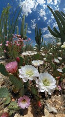 Desert springtime landscape, featuring cacti, wildflowers, and a blue sky with scattered clouds, creating a serene & vibrant scene
