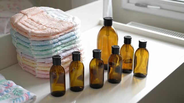 Stack of diapers and a collection of amber bottles on a white changing table, representing baby care and hygiene products.