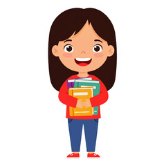 Happy Young Girl Holding Stack of Books.