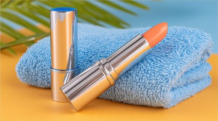 Peach lipstick tubes lean against a folded blue towel, on a yellow surface, with a palm frond backdrop