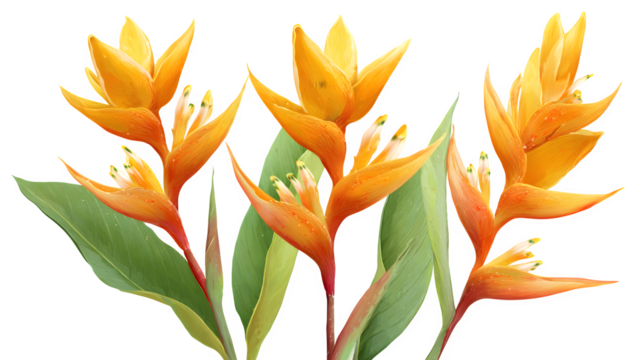 HD realistic yellow heliconia psittacorum golden torch flowers isolated on white or white png