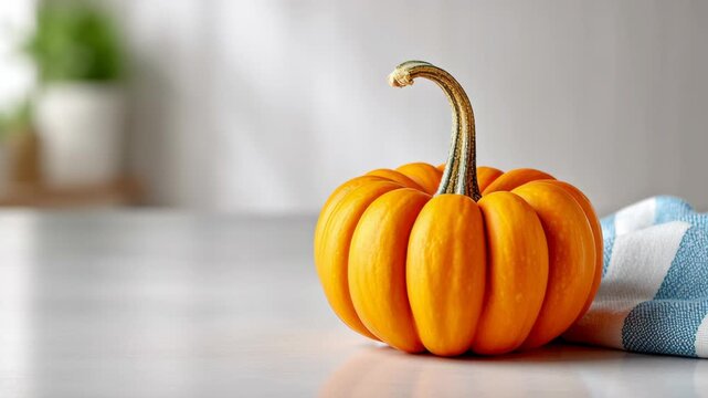 Vibrant orange pumpkin rests on a smooth surface, partially draped with a blue and white striped cloth, showcasing its rich texture and color in a cozy kitchen environment with soft lighting