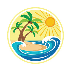 Tropical Beach Holiday Emblem Sticker &ndash; Palm Trees, Ocean Waves, and Sunny Paradise Design