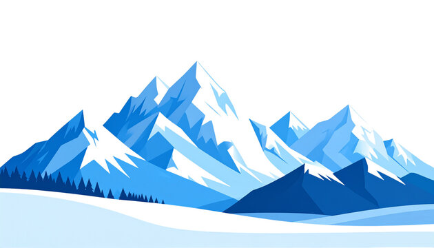 Landscape with green grass fields, snow-capped mountains on a white background