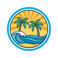 Obraz premium Tropical Beach Holiday Emblem Sticker – Palm Trees, Ocean Waves, and Sunny Paradise Design