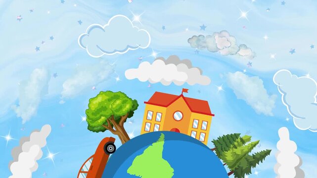 Conceptual illustration of a miniature cartoon world globe with a school, trees, and car symbolizing education, environment, and community