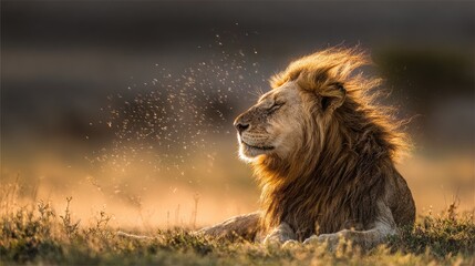 Majestic lion basking, with mane catching sunlight and fine droplets floating nearby