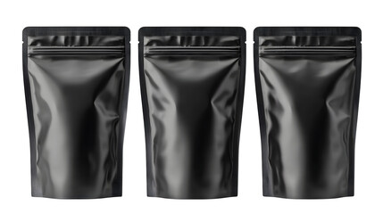 three blank black doypack pouches isolated on white