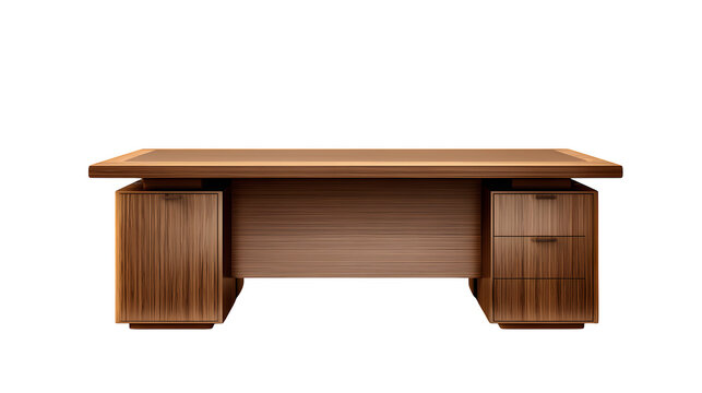 HD realistic modern brown luxury office desk front view isolated on white