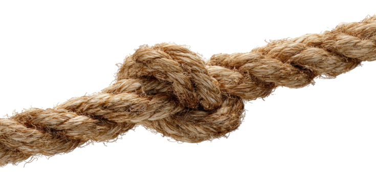 A close-up of a knot tied in a thick, light brown rope
