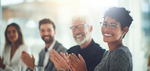 The smiling businesswoman leading a diverse team applauding in modern office