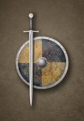 sword and metal shield  on dark background