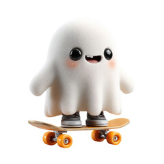 Ghost on Skateboard Spooky Cute Ride for Halloween Isolated.