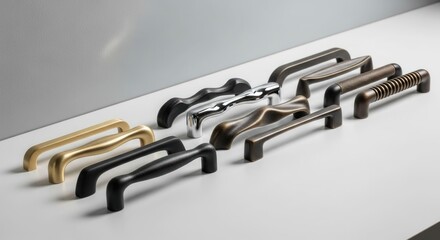 Assorted door handles on a white surface, showing various styles/finishes