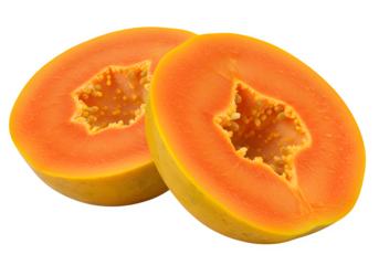 Two vibrant papayas, each with a centered hole, perfect for creative concepts, abstract art, or food and health-related designs. isolated on white or transparent background.PNG format.