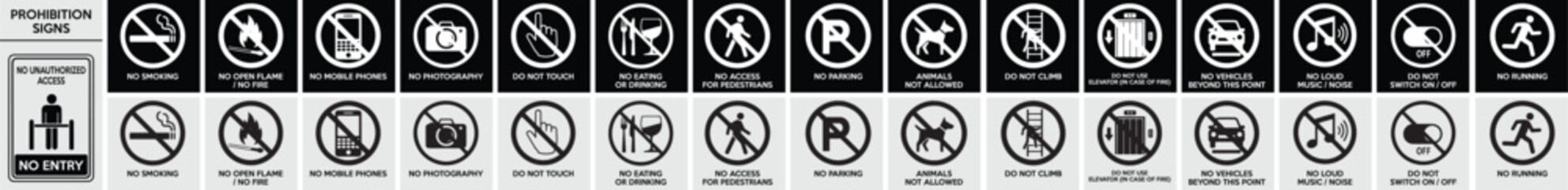 Prohibition Safety Signs &ndash; No Smoking, No Open Flame, No Mobile Phones, No Eating or Drinking, No Entry, Do Not Touch, Do Not Switch On, No Photography, No Parking, No Animals Allowed