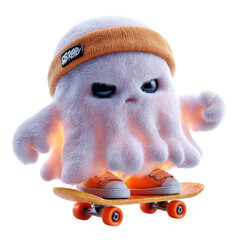 Ghost on Skateboard Spooky Fun with Orange Hues 3D Cute Character.