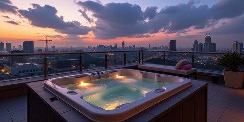 Fototapeta premium Rooftop jacuzzi with city skyline at sunset.