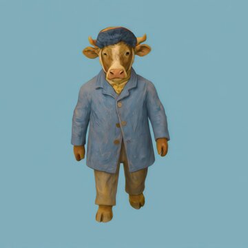 Cow dressed in blue coat animation isolated asset, transparent 4K video, alpha channel, ProRes 4444