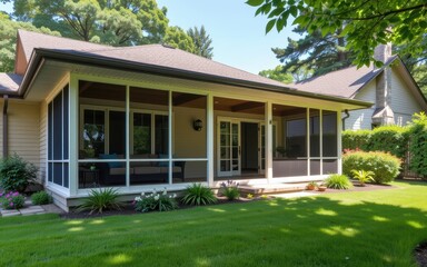 Spacious porch with screened windows and lush green lawn.