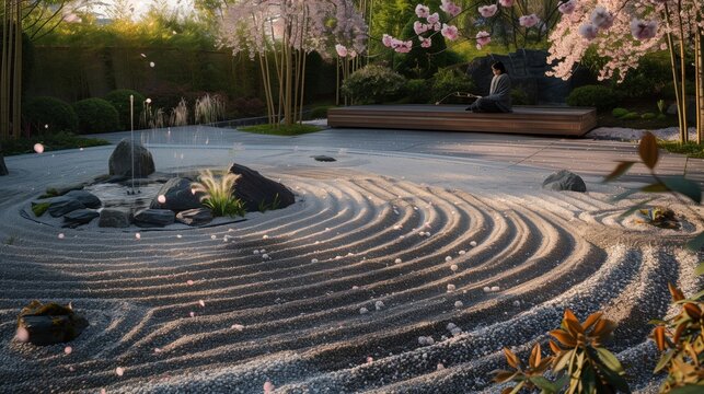 National Quiet Day. A beautifully maintained zen garden with raked gravel patterns, smooth stones, small bamboo fountain, person in distance sitting quietly on wooden bench