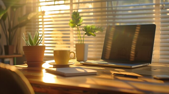 National Quiet Day. A clean, organized home office workspace during golden hour, closed laptop, notepad with pen, succulent plant, steaming herbal tea cup, soft shadows through venetian blinds