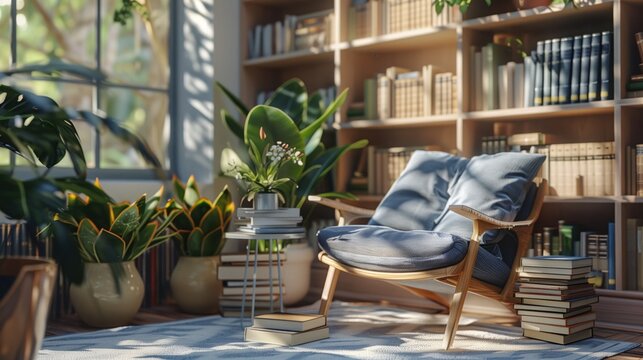National Quiet Day. A quiet corner of a modern library with soft natural light, empty comfortable reading chair with plush cushions, stack of books on side table, potted plants