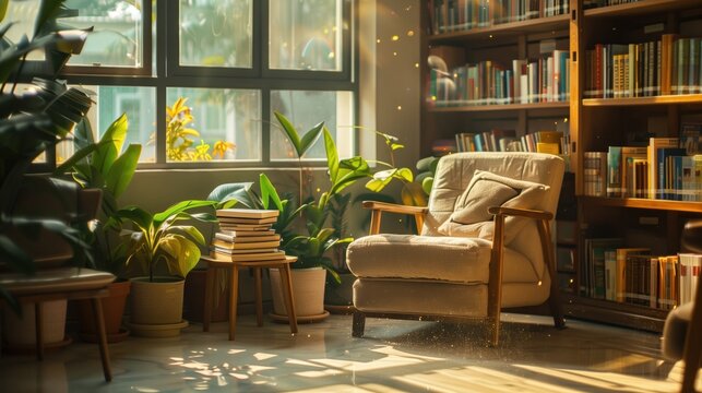 National Quiet Day. A quiet corner of a modern library with soft natural light, empty comfortable reading chair with plush cushions, stack of books on side table, potted plants