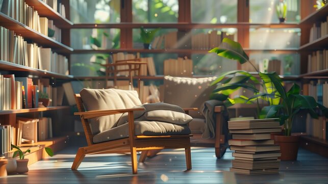 National Quiet Day. A quiet corner of a modern library with soft natural light, empty comfortable reading chair with plush cushions, stack of books on side table, potted plants