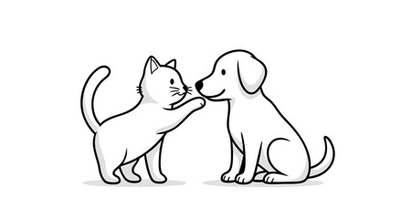 Vector Minimalist Line Art SVG Illustration of Cat and Dog Touching Noses in Flat Design Style with Black and White Colors for Web and App Use