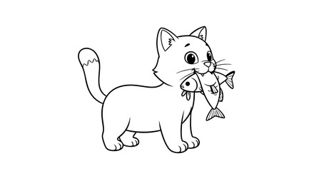 Cute Cartoon Vector SVG Illustration of a Cat with Fish in Flat Design Style for Children's Media