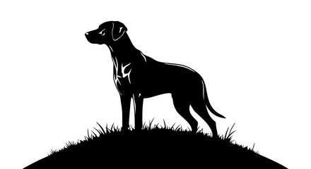 Minimalist Vector SVG Illustration of a Dog Standing on Grass in Black and White Flat Style